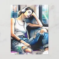 Woman Sleeping on the Subway Listening to Music Postcard