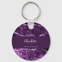 Purple glitter pink agate marble monogram name keychain