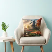 Windmill in Dutch Countryside by River with Tulips Throw Pillow