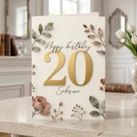 Boho Dusty Rose Floral Gold 20th Birthday Card