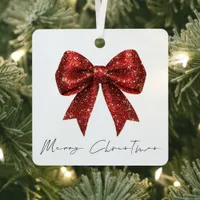 Festive Red Glitter Coquette Bow Merry Christmas Metal Ornament