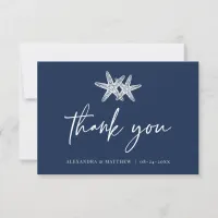 Navy Blue Starfish Modern Script Beach Wedding Thank You Card