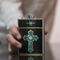 Emerald Dreamscape: A Diamond-Crusted Cross Flask