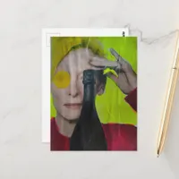 Colorful Fun Surreal Collage Woman With bottle Postcard
