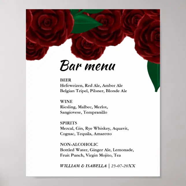 Romantic Fall wedding Red roses drinks menu sign