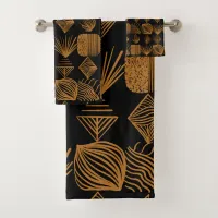 Bold Caribbean Tribal Mudcloth: Black, Gold Bath Towel Set