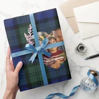 Navy and Green Tartan Personalized Photo Christmas Wrapping Paper