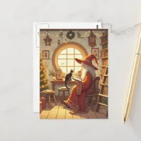 Yule Cat and Witch In Their Library Postcard