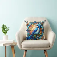 Vibrant Blue Bird Perched on Flower Throw Pillow