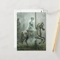 Lady Ghost on Abandoned Carousel Horse in Garden Postcard