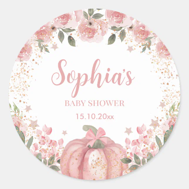 pink Pumpkin Floral Girl Baby Shower  Classic Round Sticker