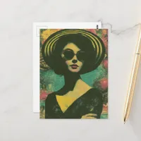 Woman in a Striped Sunhat Fashion and Summer Fun  Postcard
