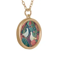 Elegant White Doves Pink Floral & Gold Geometric Gold Plated Necklace