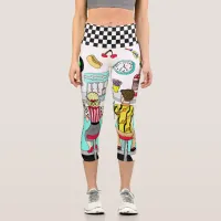 Fifties Graphics with Milkshakes, Hot dogs Retro  Capri Leggings