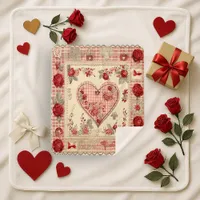 Vintage Shabby Chic Rose Heart Gingham Sherpa Blanket