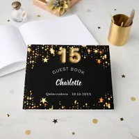 Quinceanera black gold stars guest book