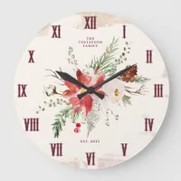 Farmhouse Christmas Winter Poinsettia Rustic Large Clock