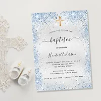 Baptism silver glitter blue boy elegant invitation