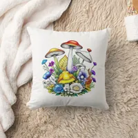 Whimsical Magical Mushrooms and Flowers Throw Pillow