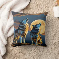 Wolves Howling Under Full Moon Throw Pillow