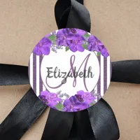 Purple florals white glitter stripes monogram name classic round sticker