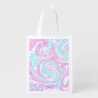 Pink, Teal Blue Swirled Marble Fluid Art Grocery Bag