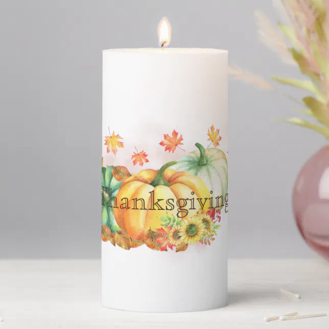 Thanksgiving Watercolor Fall Pumpkins Leaf Pillar Candle