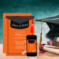 Black Grad Cap Diploma Orange Graduation Party Invitation