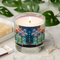 Flower vases filled with stunning, vibrant blooms, scented candle