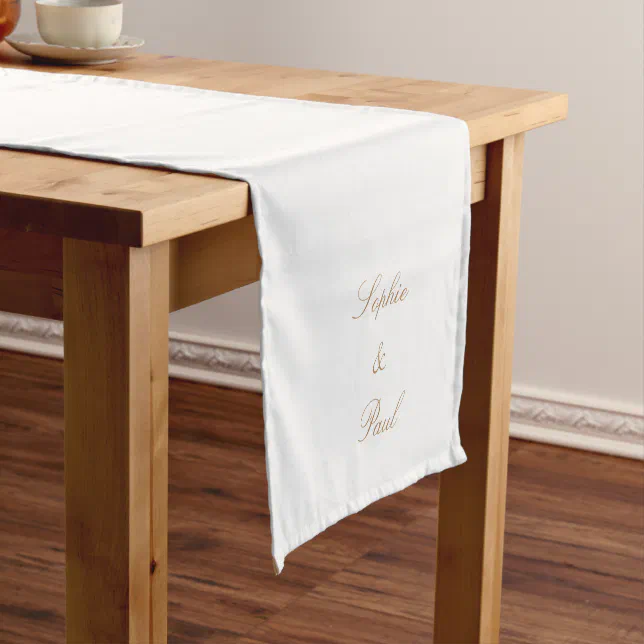 White Golden Beige Script Wedding Table Runner