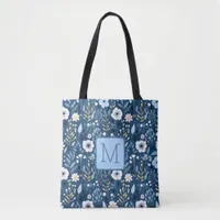 Blue, White, Yellow Flowers Color Block Monogram Tote Bag