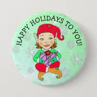 Happy Holidays to You Girl Elf and Snowflakes Button