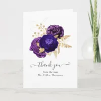 Violet, Purple and Gold Floral Wedding Photo Thank You Card