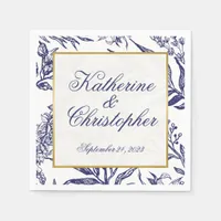 Modern Romantic Navy Blue Gold Botanical Wedding Napkins