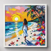 Woman on Beach Tropical Scene Peel And Stick Photo Tile