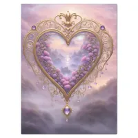 Victorian golden heart with lilac flowers, vintage tissue paper