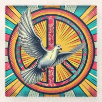 Boho Retro Dove and Peace Sign Glass Coaster