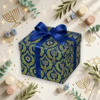Elegant Blue Gold Hanukkah Menorah Wrapping Paper