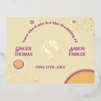 Retro 70s Circle Purple Wedding Save the Date Foil Invitation Postcard