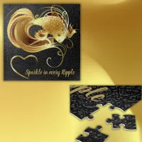 Gold goldfish on black foil monogram | jigsaw puzzle