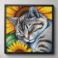 Sweet Napping Gray Cat and Sunflower Peel And Stick Photo Tile