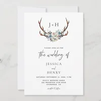 Chic Rustic Floral Antlers QR Code Wedding Invitation