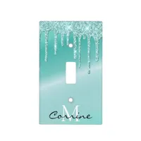 Monogram Metallic Aqua Blue Dripping Teal Glitter Light Switch Cover