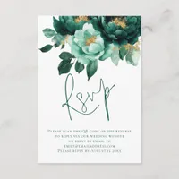  Emerald Gold Florals Script QR Code Wedding Enclosure Card