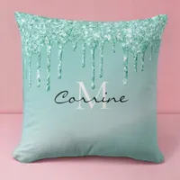 Monogram Metallic Aqua Blue Dripping Glitter Throw Pillow