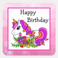 Pink and Purple Unicorn and Flowers Birthday Squar Square Sticker