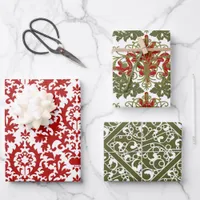 Damask Pattern Green Red White Christmas  Wrapping Paper Sheets