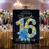 Blue Gold Gemstones Crystal Rose Sweet 16 Birthday Foam Board