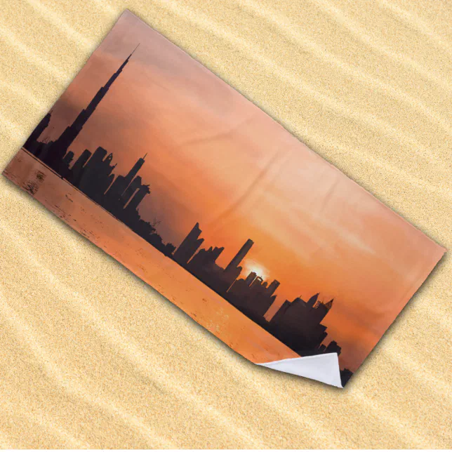 Sunset over a seaside town - watercolor beach towel