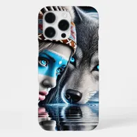 Native Indian and Wolf Reflection Scene iPhone 16 Pro Max Case